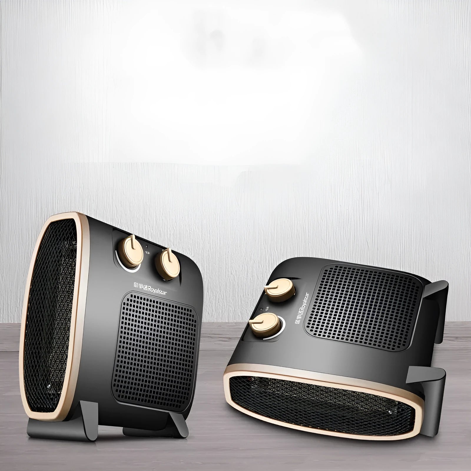 White and black gold electric fan heater with mechanical control dials on the front.