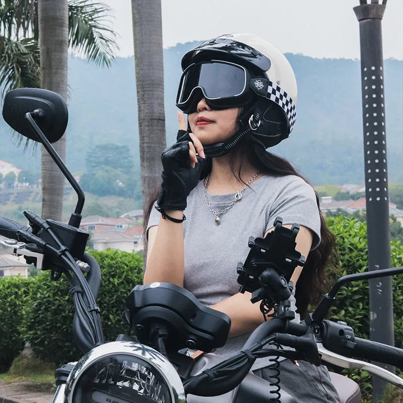Retro style motorcycle helmet on a solid background, shown in a choice of ivory white, black, or grey.