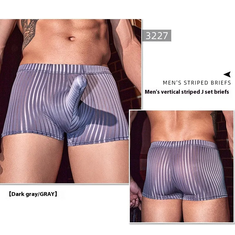 Men's black striped nylon boxer briefs laid flat, showing elastic waistband and leg openings.