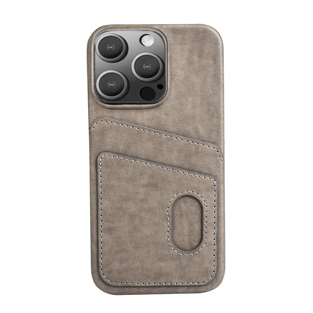 PU leather flip wallet phone case in brown, open view showing card slots for iPhone 13