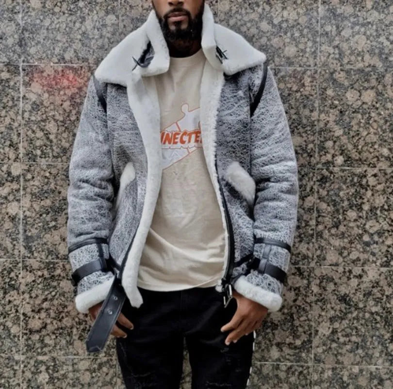 Men's grey polyester jacket with big fur collar, loose fit, zip front, available in sizes S to 5XL