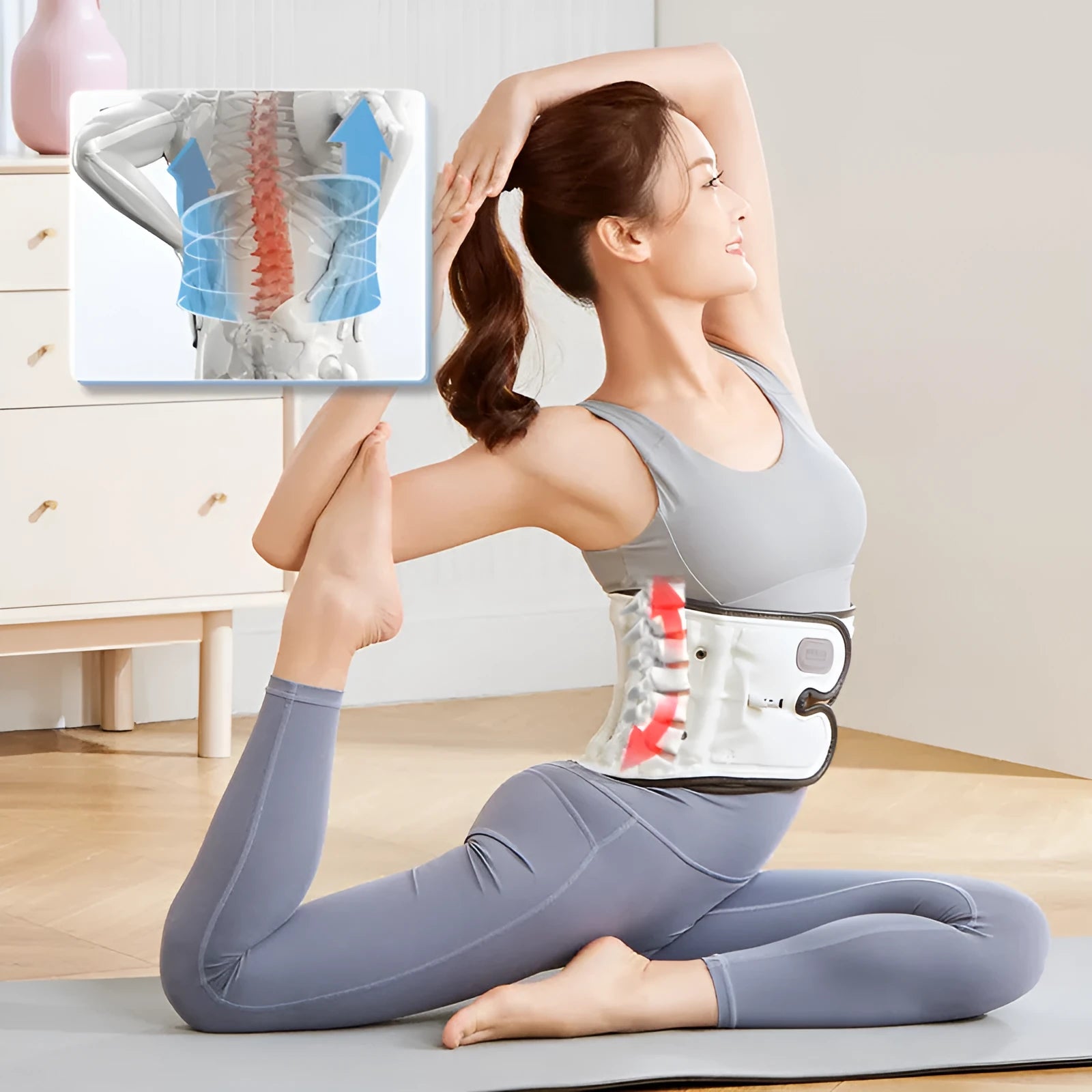 Lumbar waist supporter with automatic inflation feature for back pain relief and posture correction