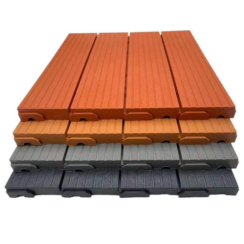 Ten wood grain plastic floor tiles stacked, showing dark grey and light grey colour options with non-slip texture.