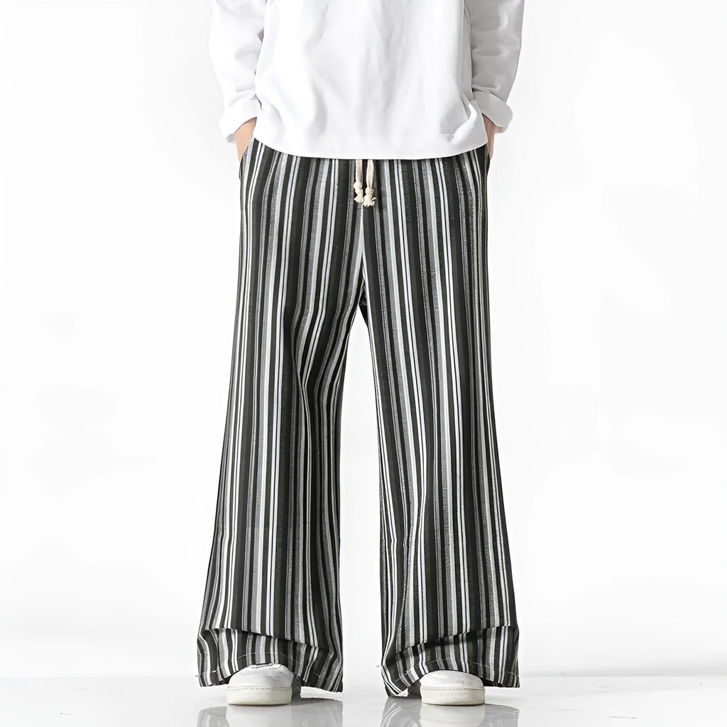 Vintage stripe loose straight mopping trousers in cotton blend fabric showing straight leg opening