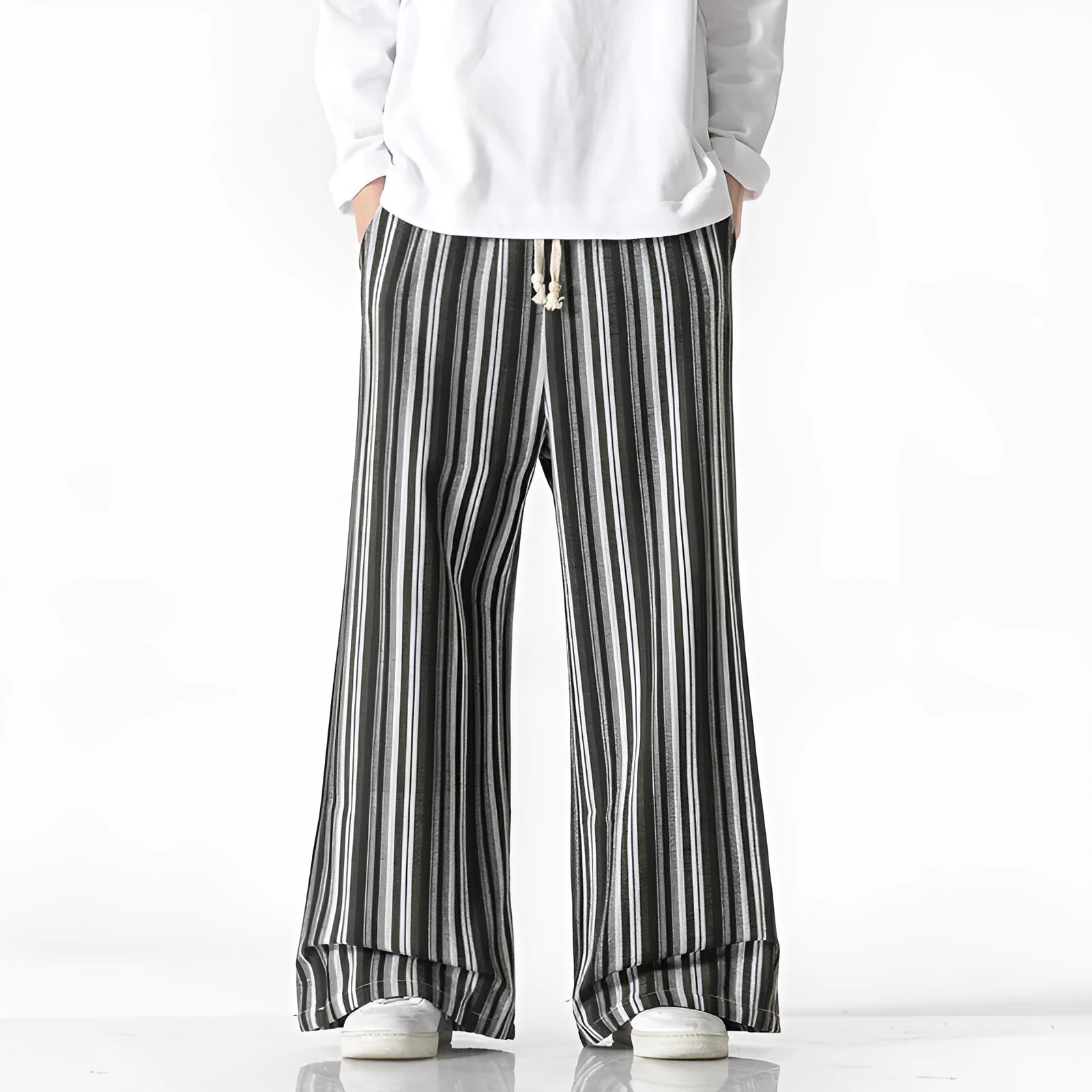 Vintage stripe loose straight mopping trousers in cotton blend fabric showing straight leg opening