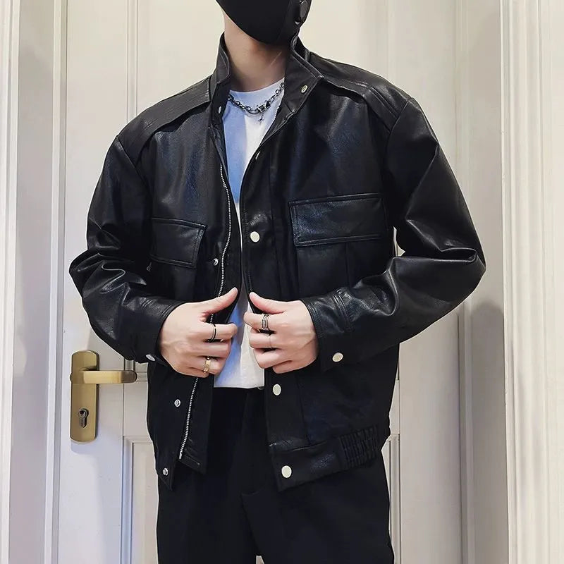 Men's black Korean style PU leather jacket with straight hem design