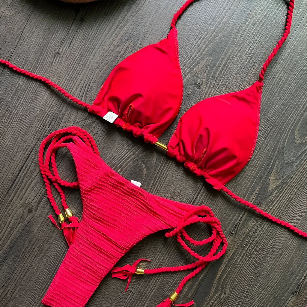 Women's braided rope bikini suit in solid colour, cotton lined, for swimming and wading.