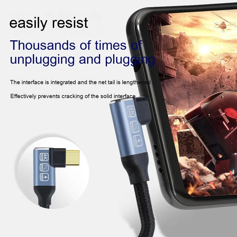 Double Type-C full-function woven fast charging data cable in black single-bend design on grey background
