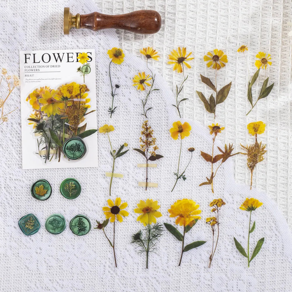 Set of dried flowers artistic stickers for journal decoration showing eight colour designs on 70mm PET sheets