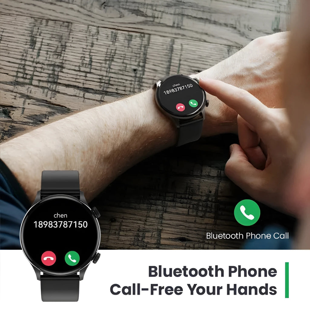 Haylou smartwatch with AMOLED display showing health stats, in black or white, featuring Bluetooth call.