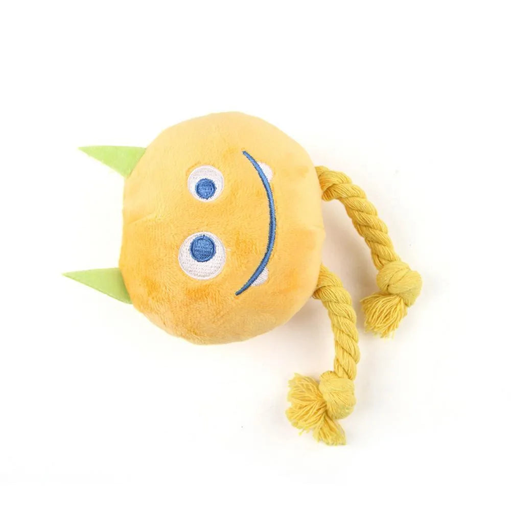 Blue and yellow cartoon dog squeaky toys with strong knot design and cotton rope texture