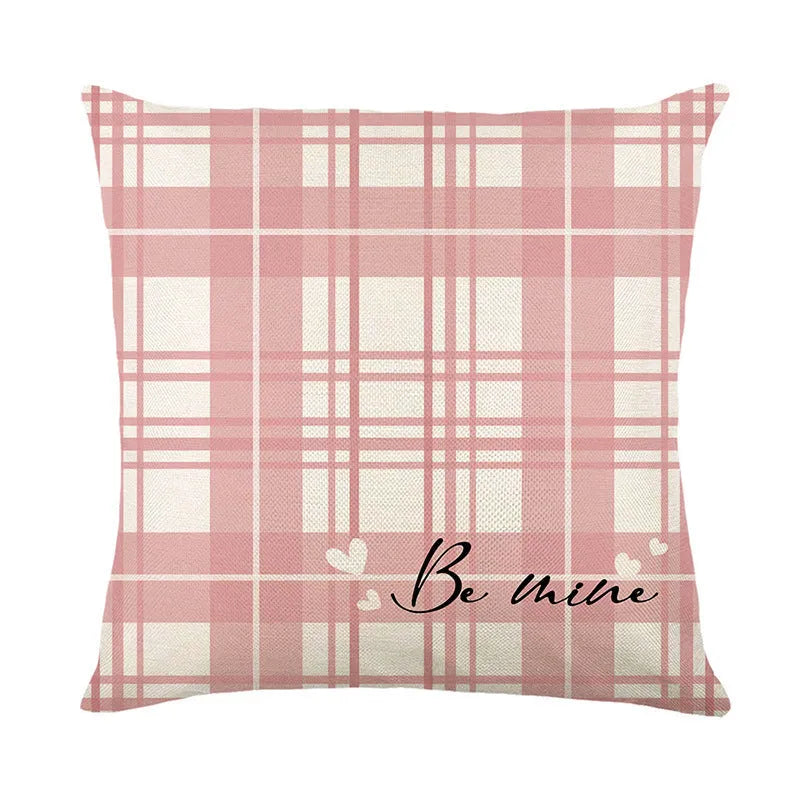 Square plaid pattern pillow cover with heart design, 45cm by 45cm, shown in one of four colour variations.