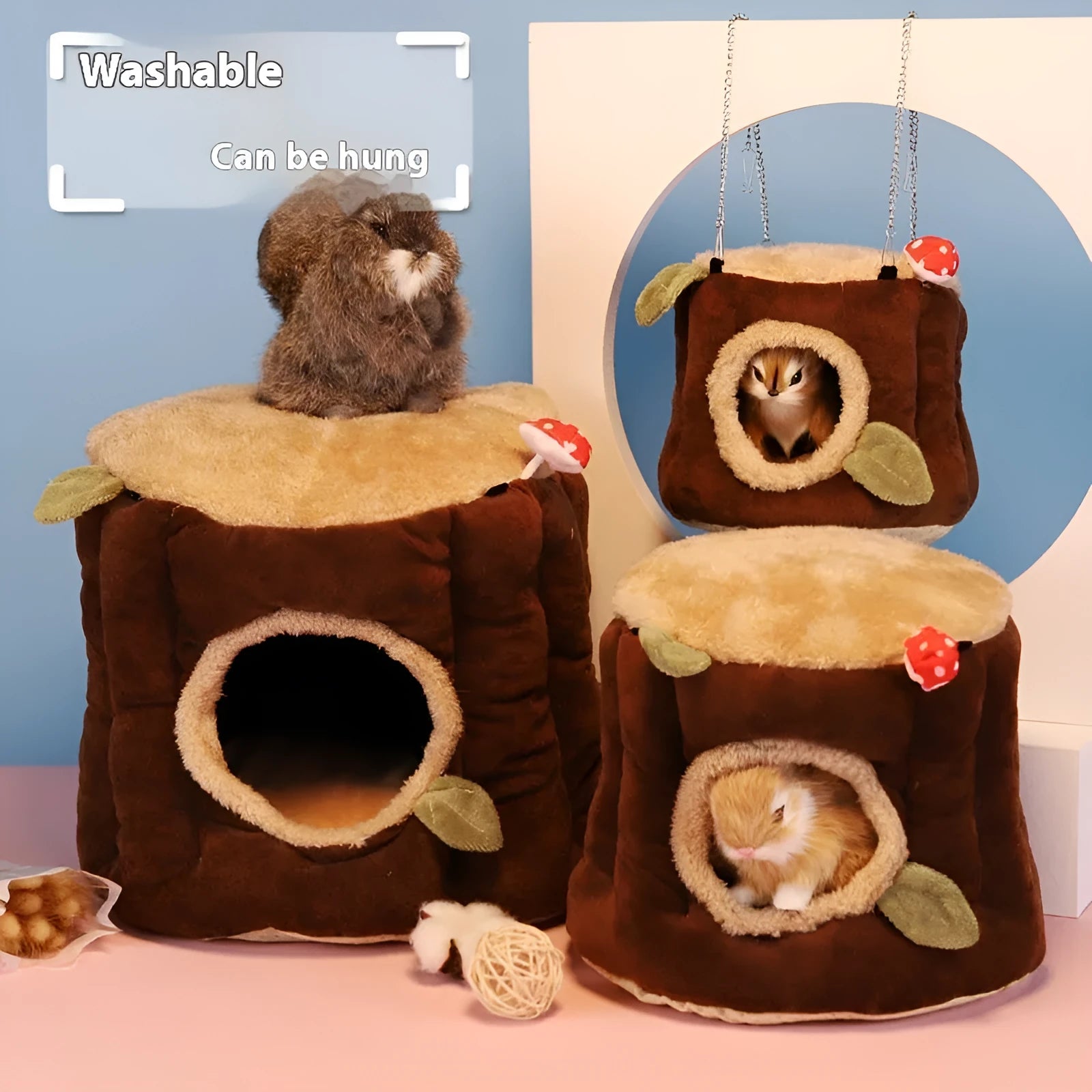 Brown washable hanging stump nest for rabbits with three size options