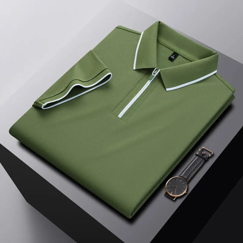 Men's solid colour polo shirt with a zipper front closure, shown in beige apricot.