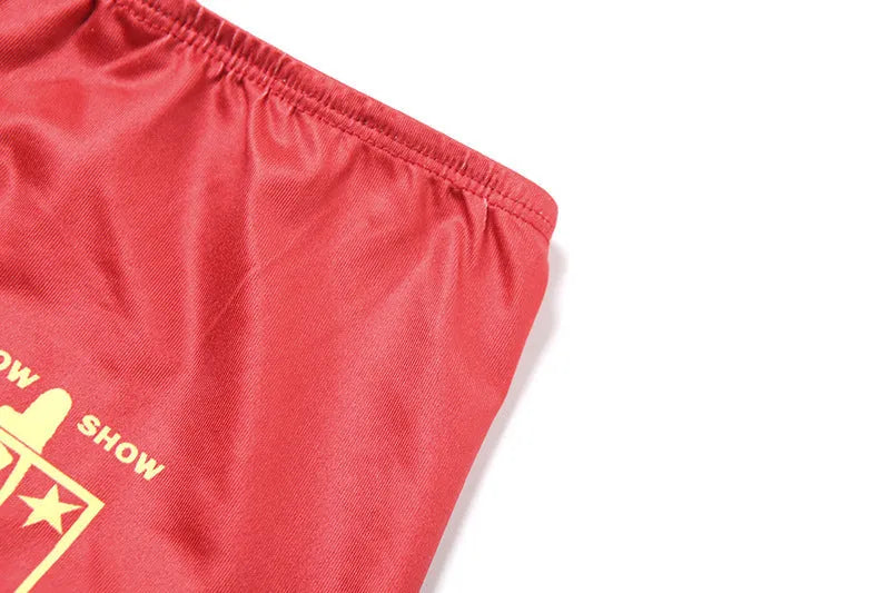 Red women's high waist hip lift swim shorts and matching bikini top with 3D printed pattern