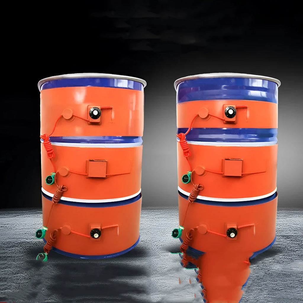 Silicone rubber heating belt wrapped around a 200-litre oil drum with digital display control