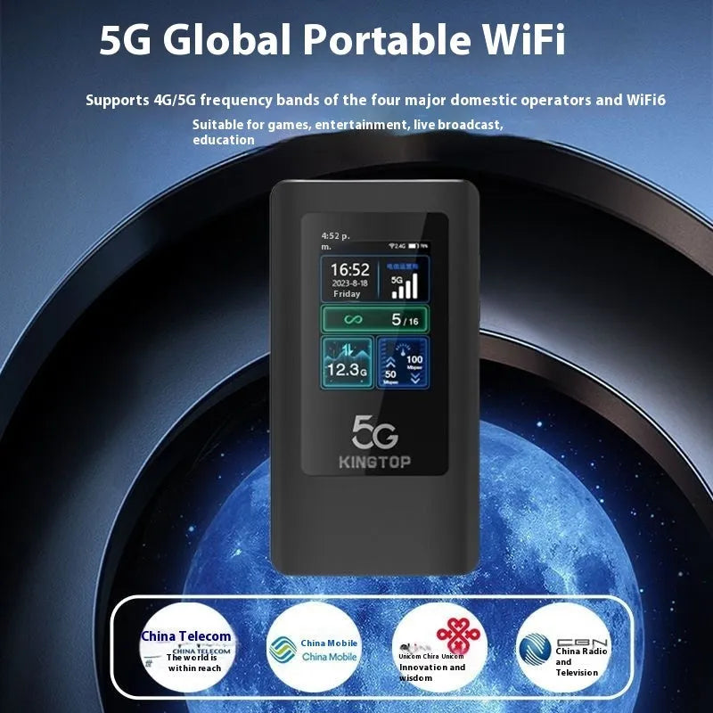 Black portable 5G Wi-Fi router showing LCD screen, USB-C port, and compact design