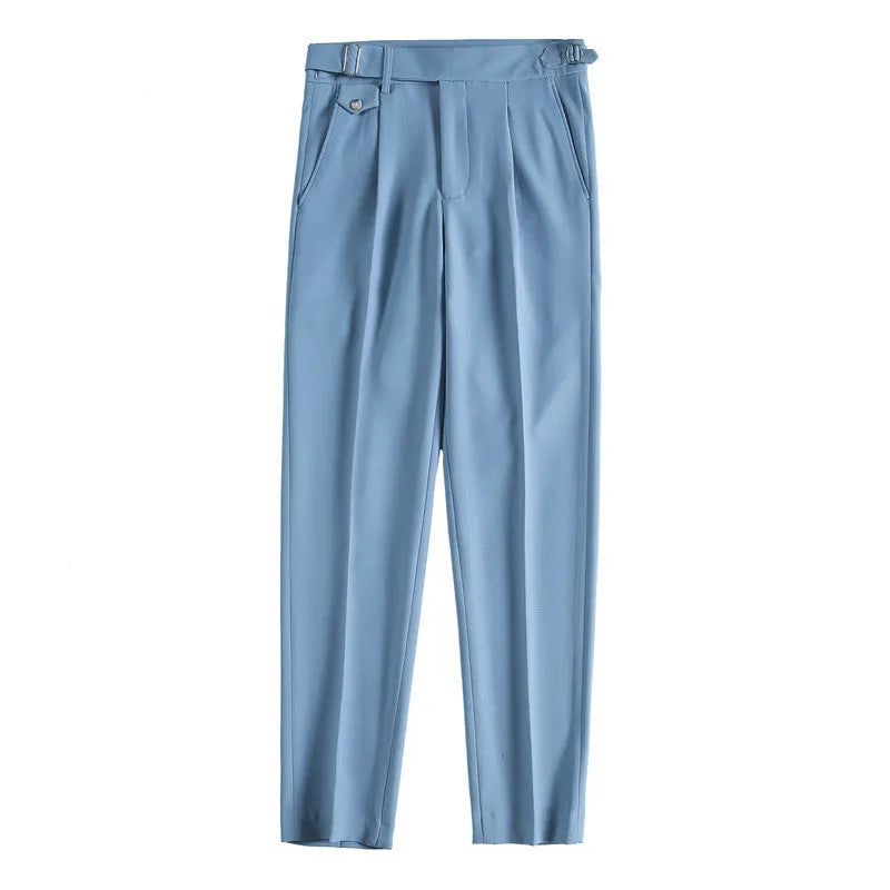 Men's straight-leg casual trousers in solid colours including black, gray, and khaki.
