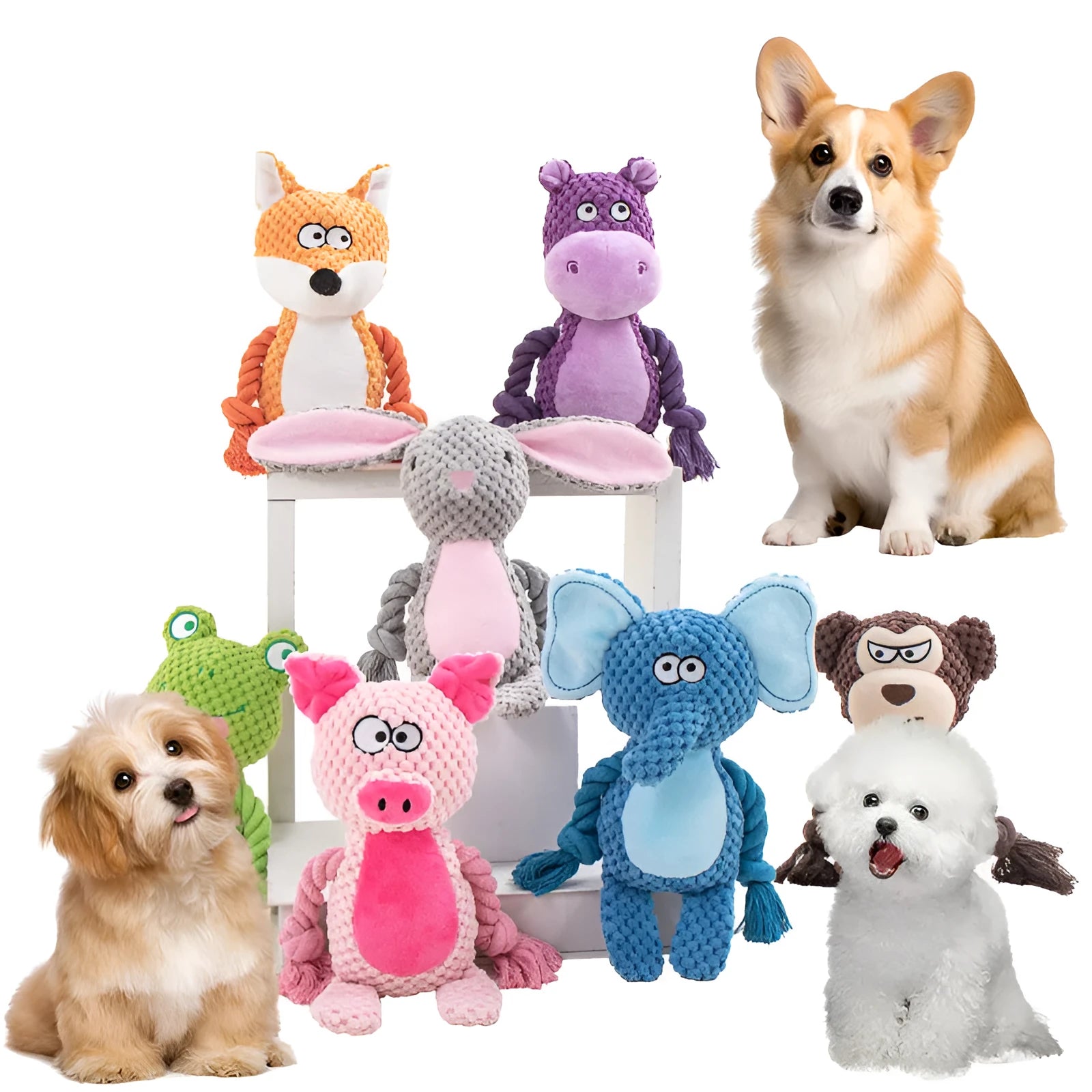 Hippo-shaped plush dog toy with cotton rope sections for tug-of-war games