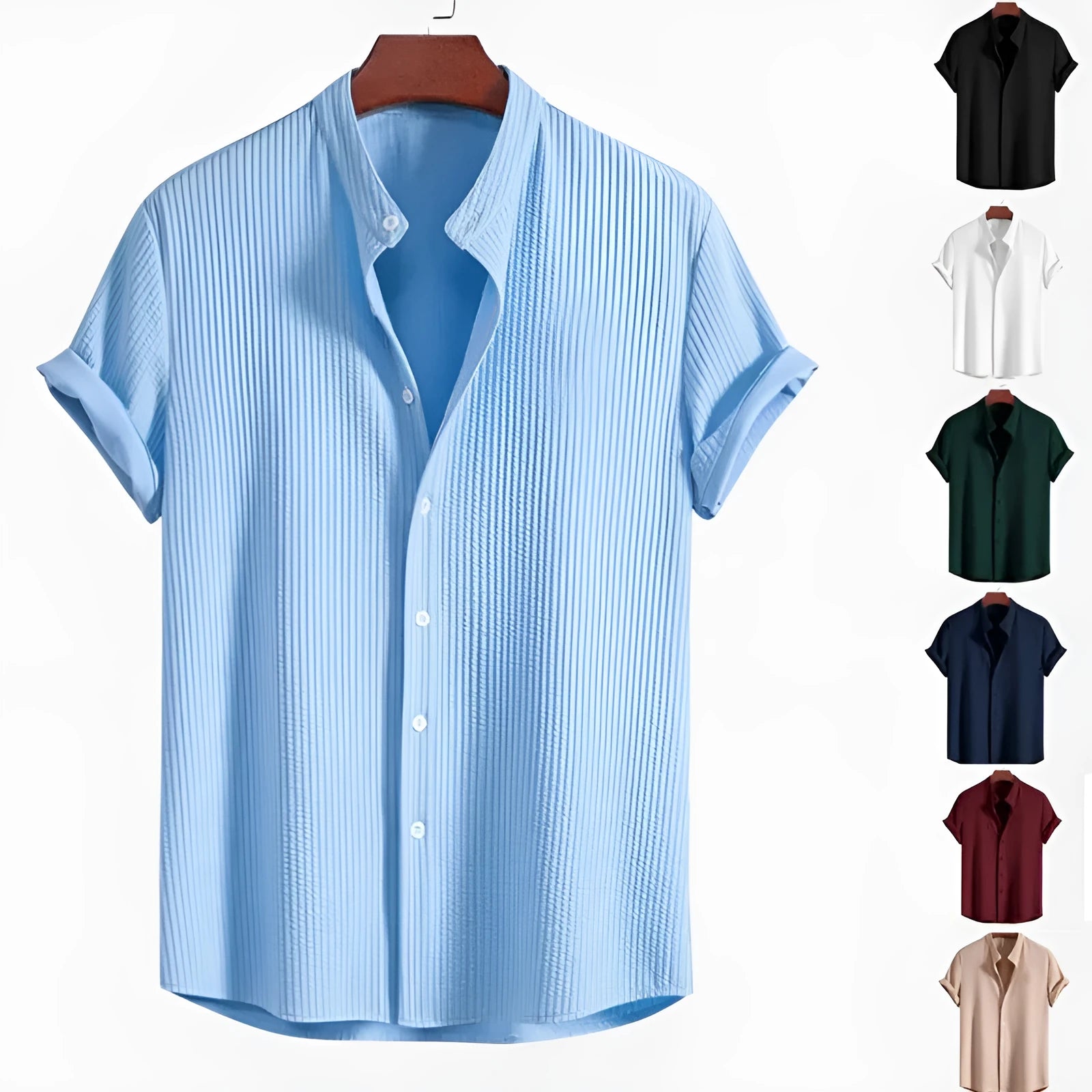 Men's loose fit short sleeve polyester shirt in multiple colour options including wine red, dark green and light blue