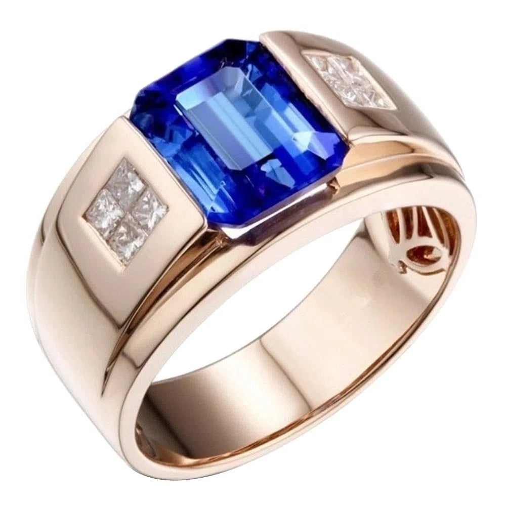 Sapphire retro crystal alloy ring in rose gold with antique finish and geometric irregular shape on white background