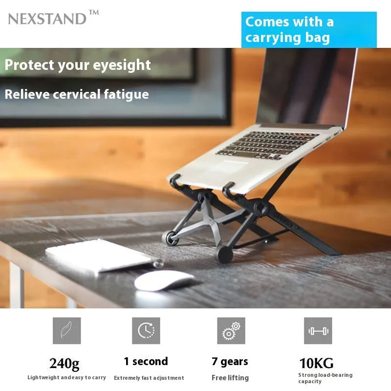 Sagacious black folding laptop stand with enhanced nylon construction showing portable design