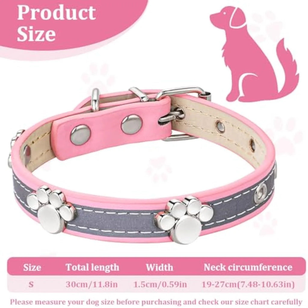 Reflective PU leather dog collar with metal buckle and cute paw rivet decoration, shown in multiple sizes.