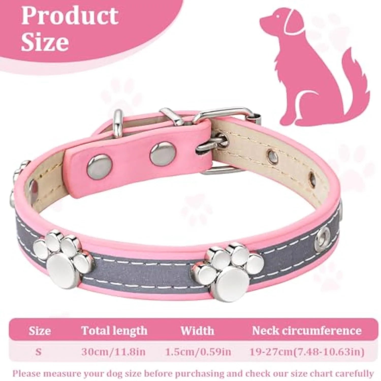 Reflective PU leather dog collar with metal buckle and cute paw rivet decoration, shown in multiple sizes.