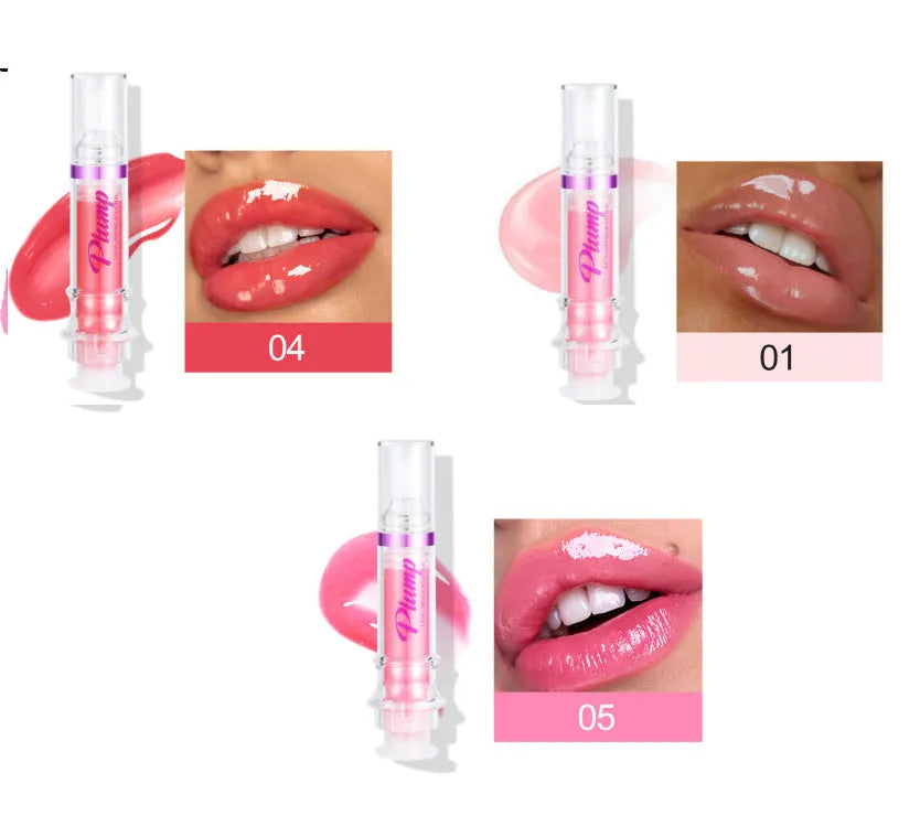 Tube of lip gloss showing shiny finish, available in six different colour shades.