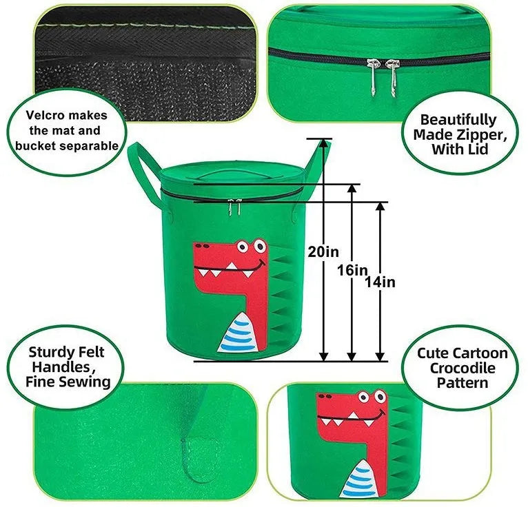 Green felt cube storage bag with pull rope closure shown as toy play mat