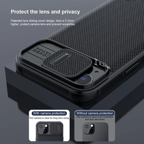 Black textured sliding back cover phone case for iPhone 13 Pro Max made from PC and TPU.