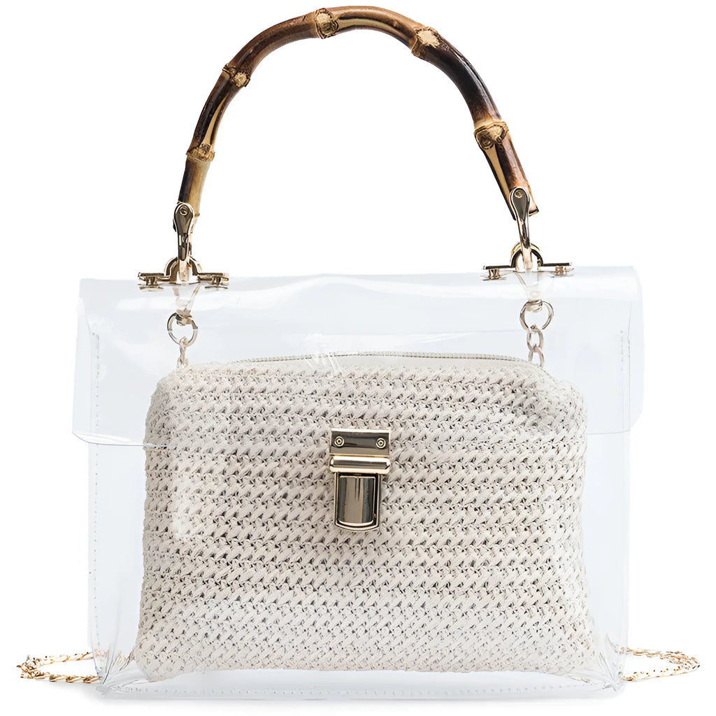 Women's bamboo knot woven handbag in khaki with chain detail, PVC body, and hasp closure