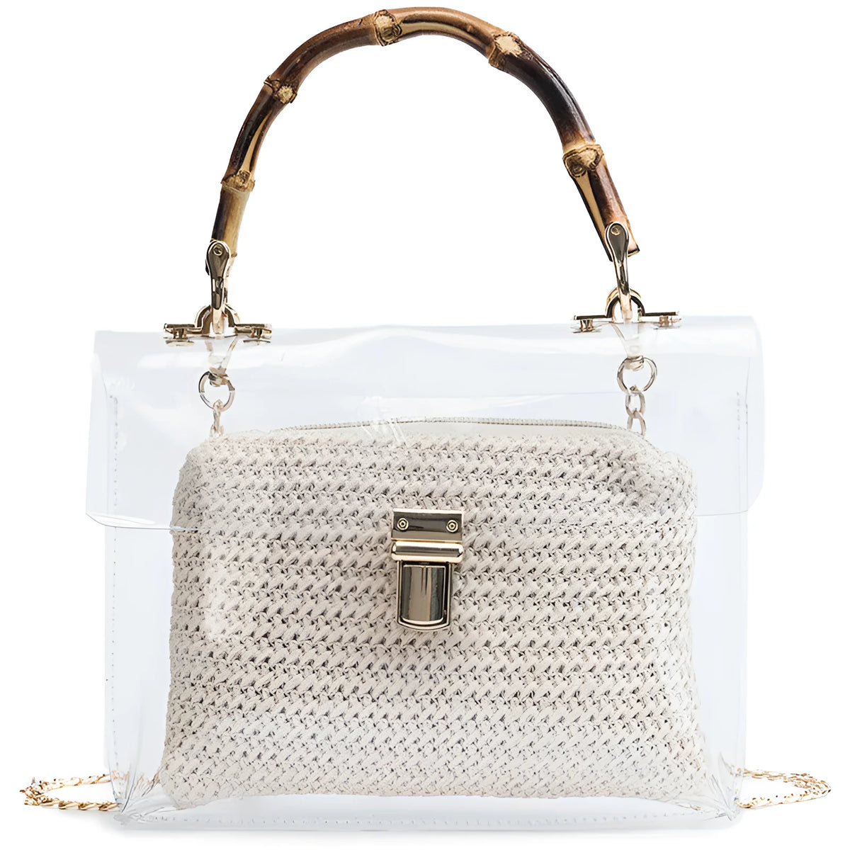 Women's bamboo knot woven handbag in khaki with chain detail, PVC body, and hasp closure