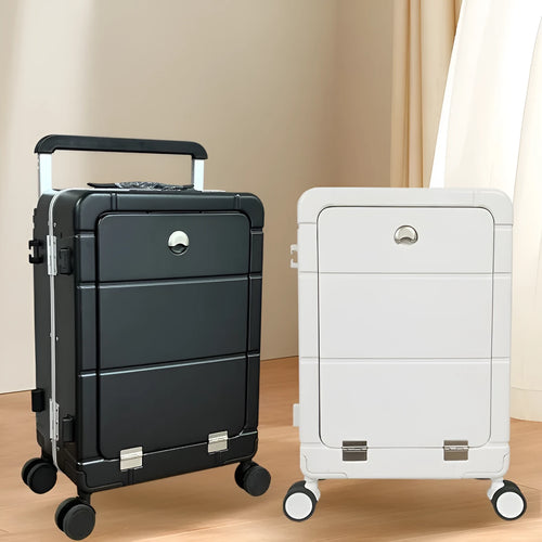 20-inch front opening cabin suitcase in titanium silver colour with universal wheels and integrated cup holder.
