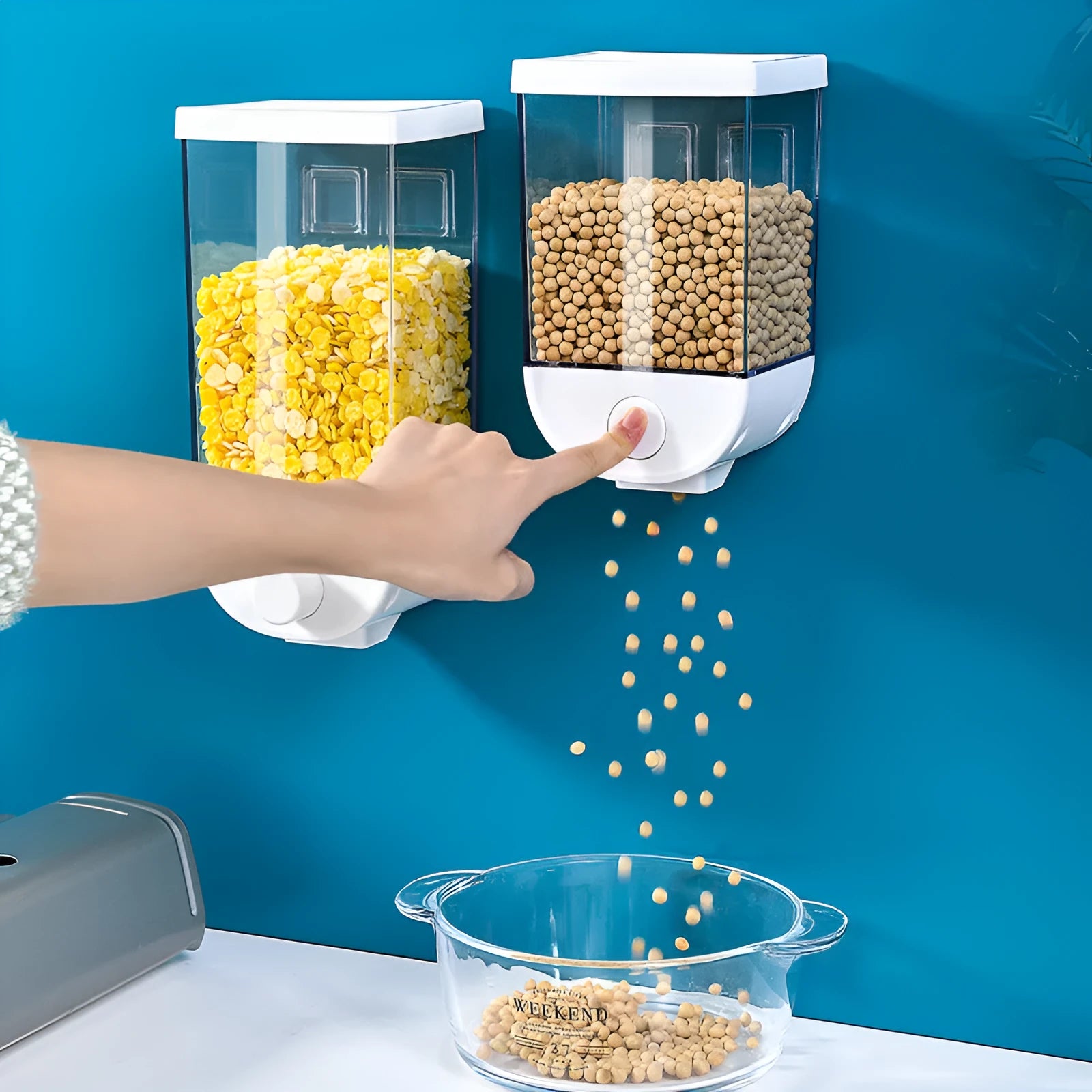 White transparent ABS plastic food storage container with easy-press lid for cereals and dry goods.