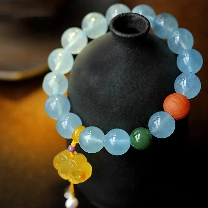 Natural aquamarine round bead bracelet with 10mm beads in unisex simple design