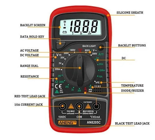 Yellow handheld digital multimeter with rotary dial and LCD display, CE certified