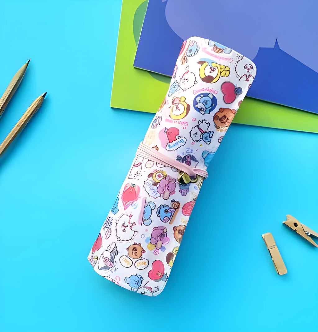 Student canvas stationery bag with BT21 full colour print, 19.5x29cm, open showing pens inside