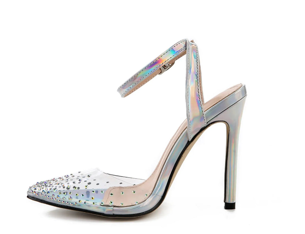 Women's pointed toe sandals with stiletto heel and diamond detail on the footbed.