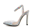 Women's pointed toe sandals with stiletto heel and diamond detail on the footbed.