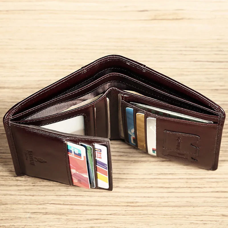Men's black leather bi-fold wallet open to show card slots, banknote compartment, and coin pocket.