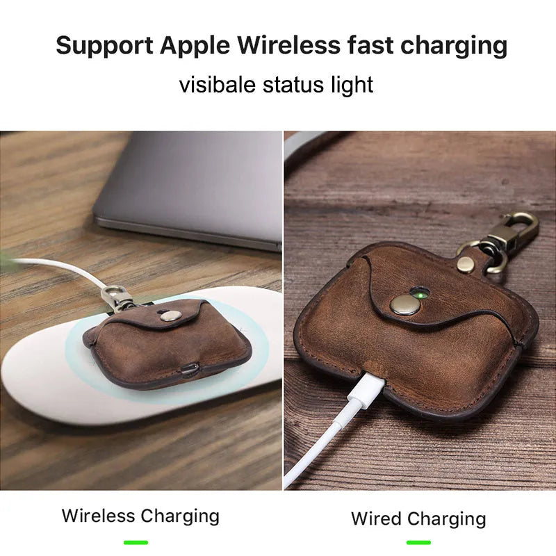 Brown leather AirPods Pro clamshell case with crazy horse pattern texture