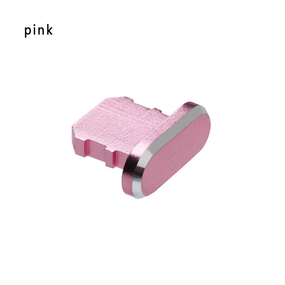 Aluminium alloy charging port dust plug for iPhone in various colours including gold, black, and rose gold.