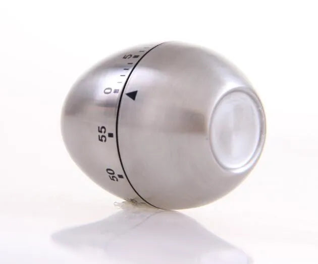Stainless steel egg-shaped mechanical kitchen timer with a 60-minute dial