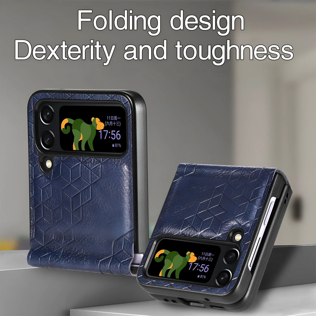 Samsung Z Flip 4 PU leather back cover with rhombus pattern in black, brown, blue, green, and red