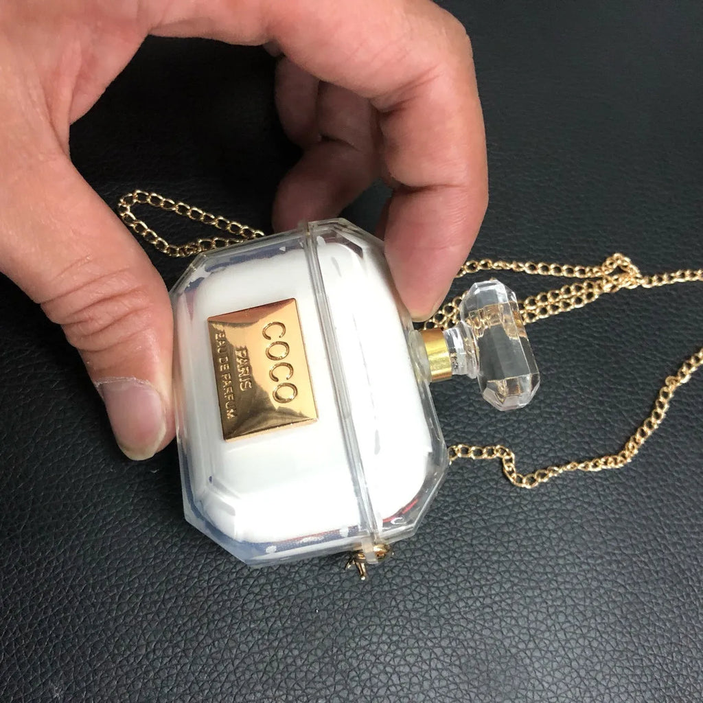 White perfume bottle style silicone protective case for Apple AirPods Pro, AirPods 3 and AirPods 2 wireless charging box.