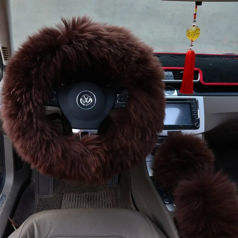 Three-piece wool steering wheel cover set in cream colour for 38 cm steering wheel universal fit