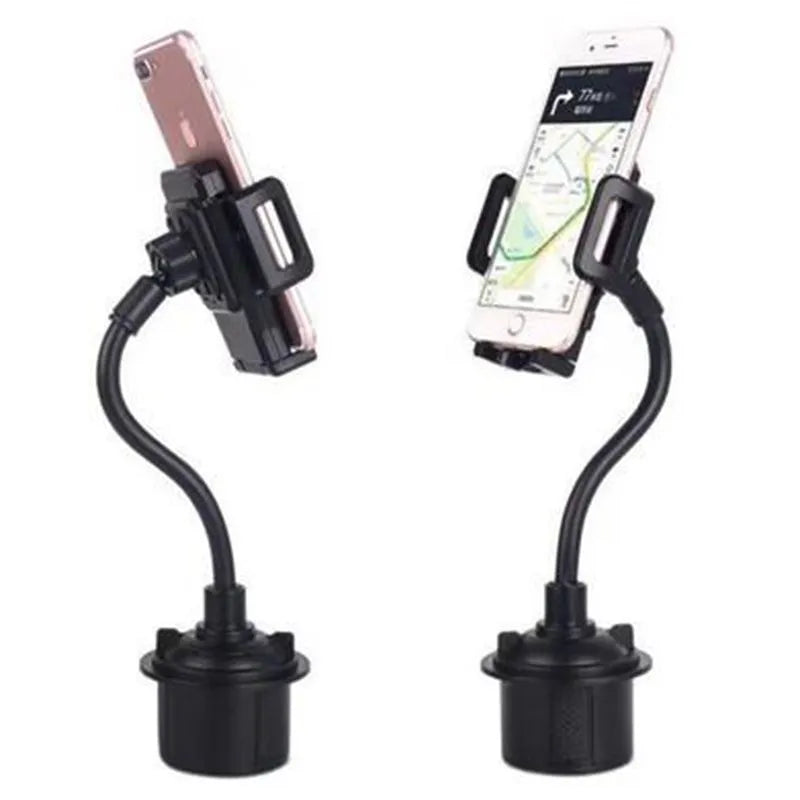 Black universal adjustable car phone mount bracket shown with suction cup and vent clip attachment options.