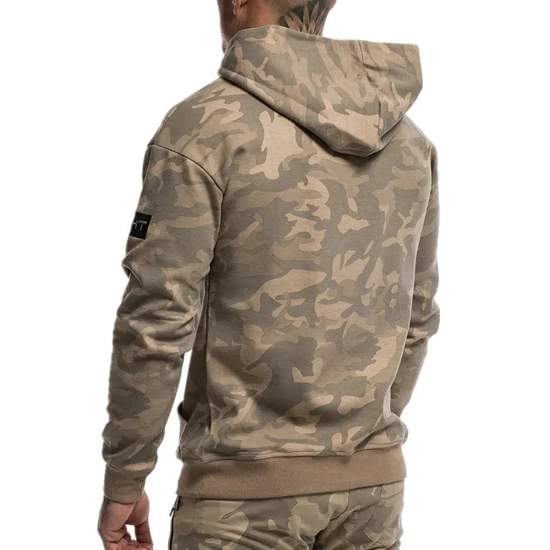 Men's camouflage cotton hoodie gym fitness pullover in dark blue with kangaroo pocket