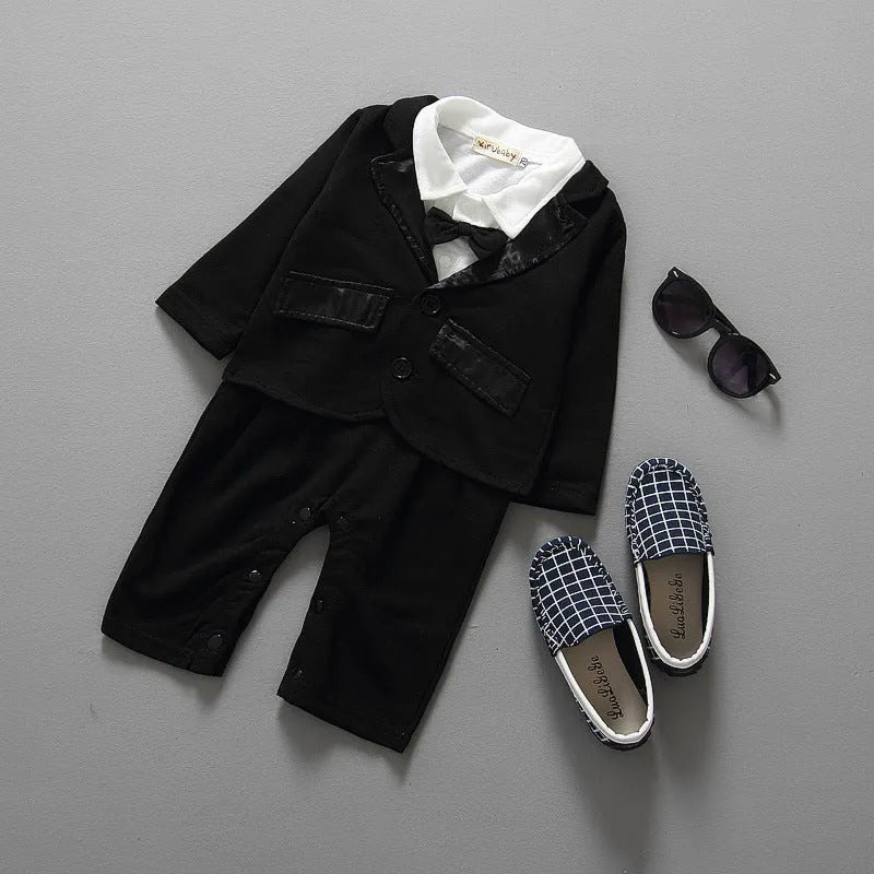 Baby boy black cotton long sleeve gentleman formal suit on white background
